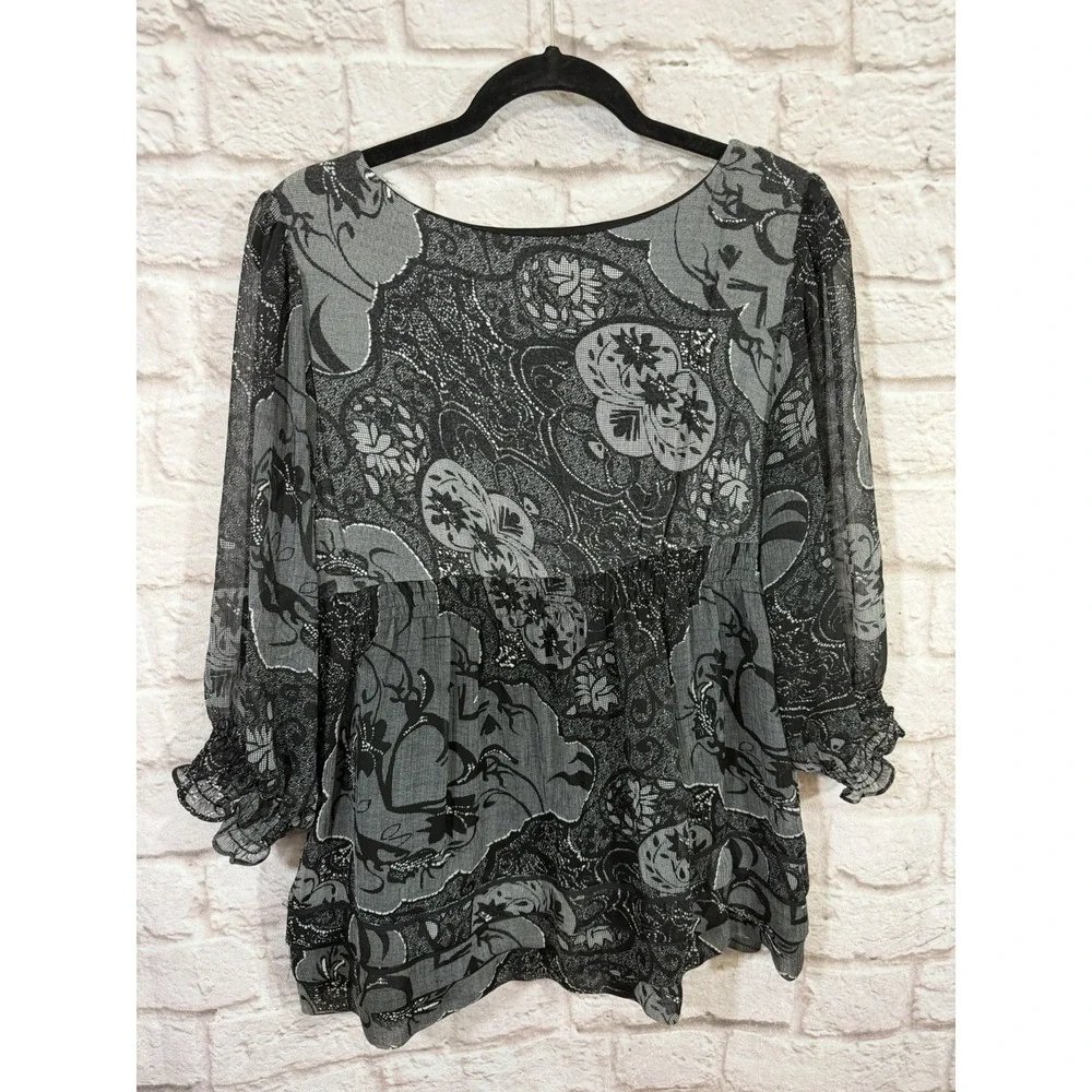 Vintage Black Babydoll Top Rosettes Floral Puff Sleeve Ruffle Dark Fairy Women L - Picture 8 of 9
